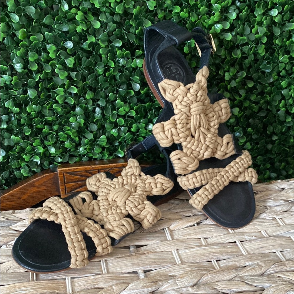Tory Burch Black & Tan Macramé Rope Sandals
